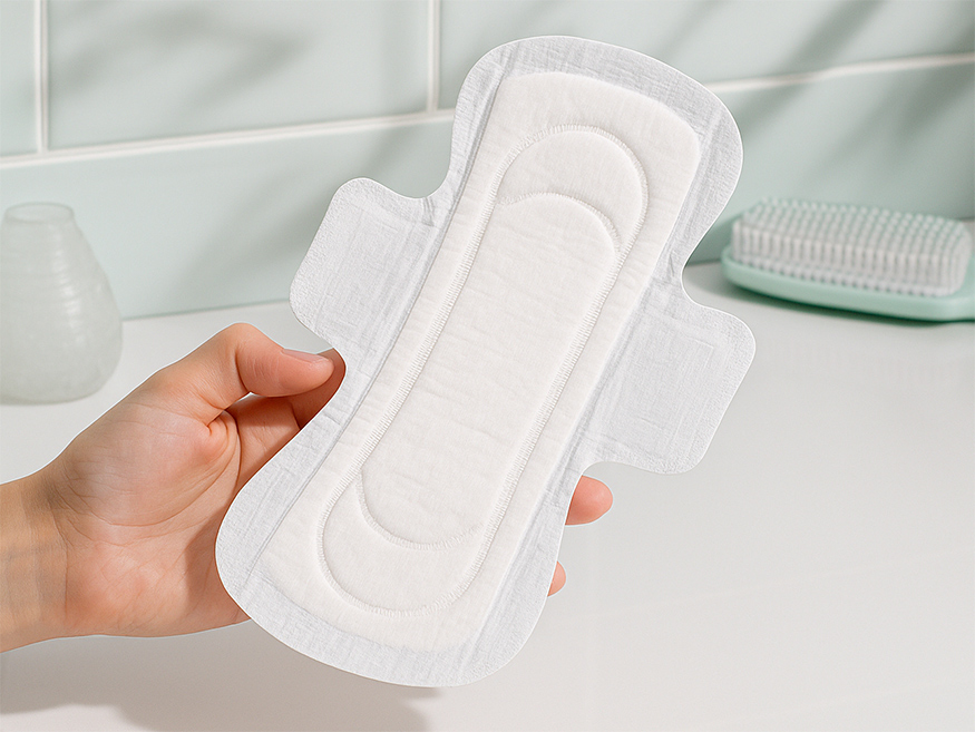 Hand holding a feminine care pad representing X9’s Clean, Light and Free brand philosophy