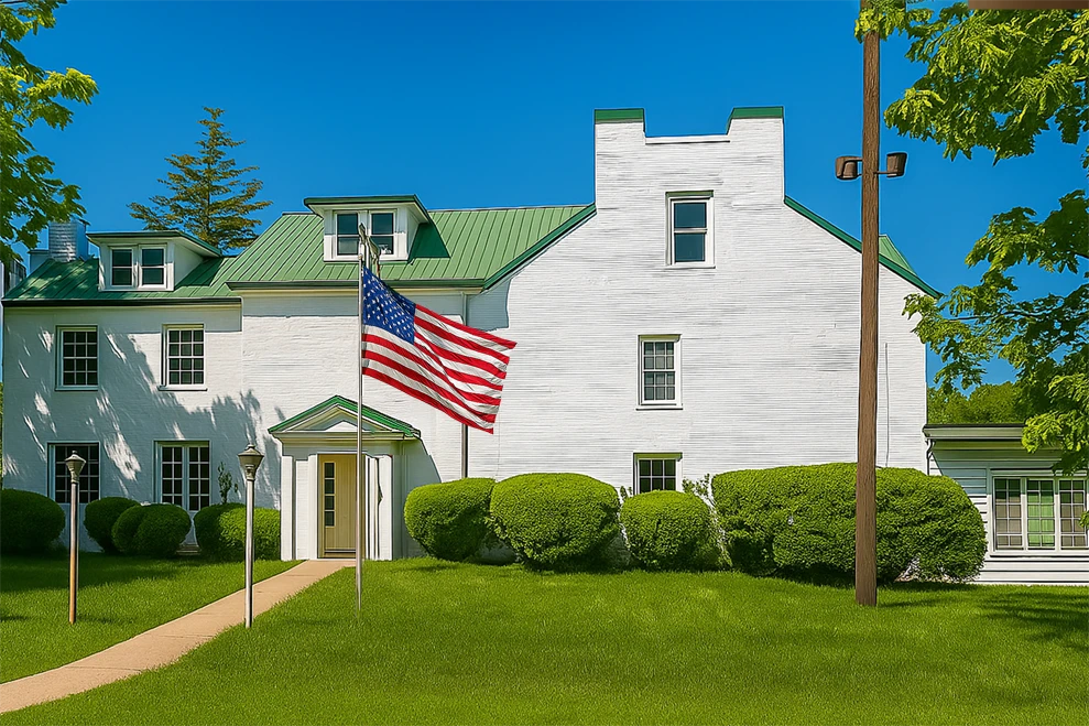 American company headquarters with the US flag representing X9’s origins and values