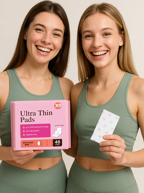 Two women holding X9 ultra thin pads and packaging, showcasing modern feminine care