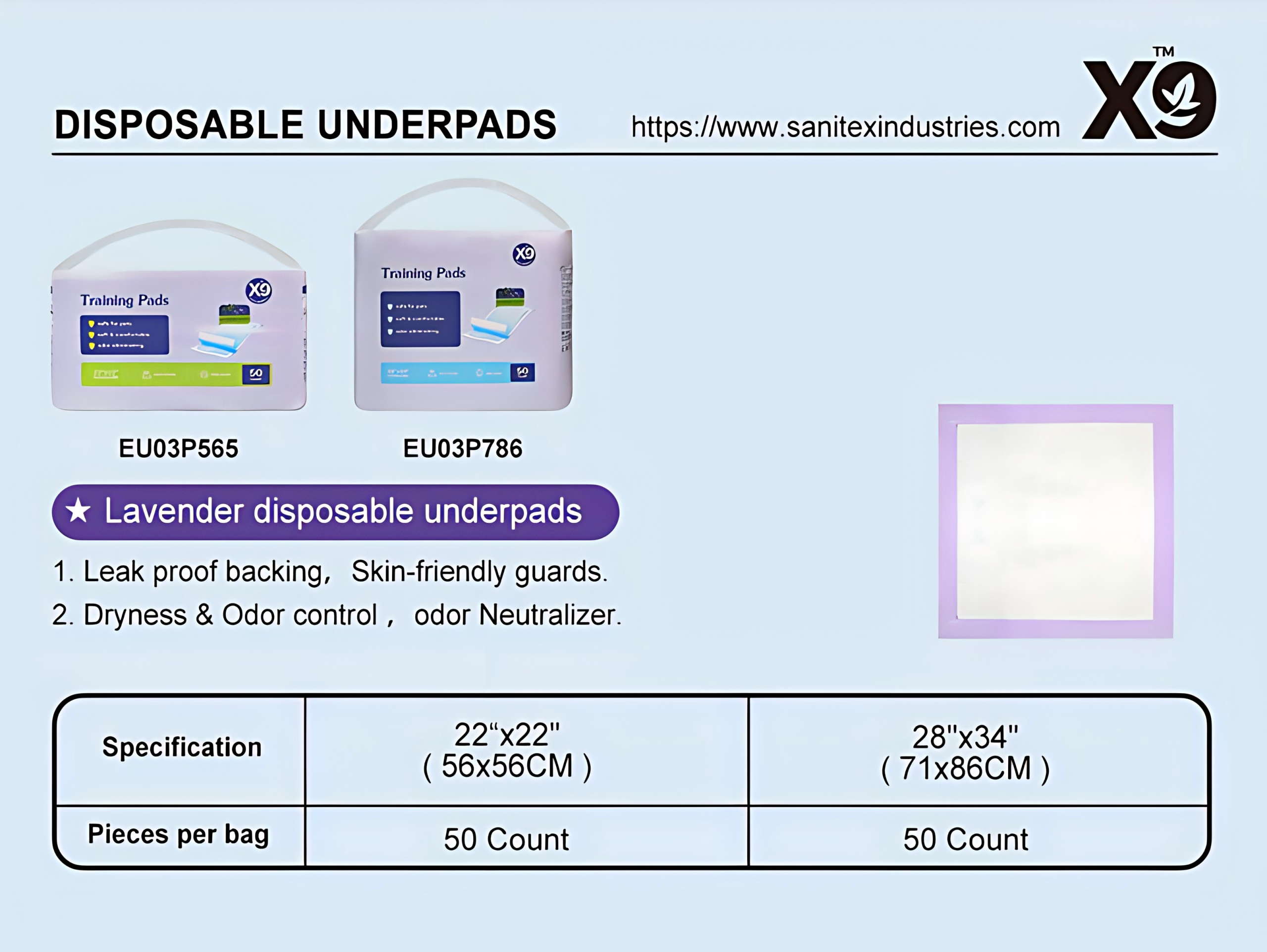 X9 Lavender Scented Disposable Underpads – 50 Count